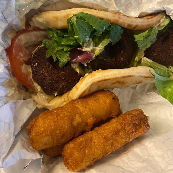 King Of Gyros falafel pita with lettuce, tomato, sauce, and a side of fried cheese sticks.